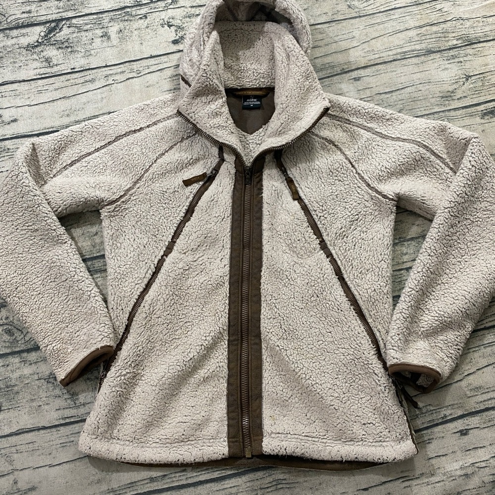 Kuhl Avina Flight Jacket Womens M Beige Deep Pile Fleece Full Zip Hooded Sweater